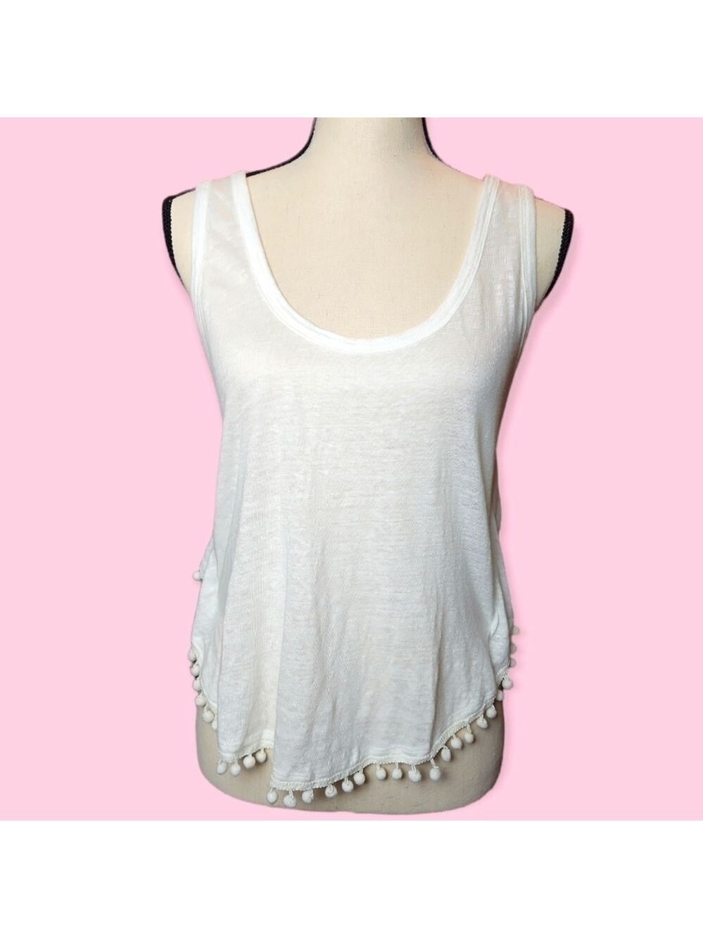 Dereck Lam 10C White 100% Linen Tank Top Pom Pom Hem Sleeveless Blouse sz L